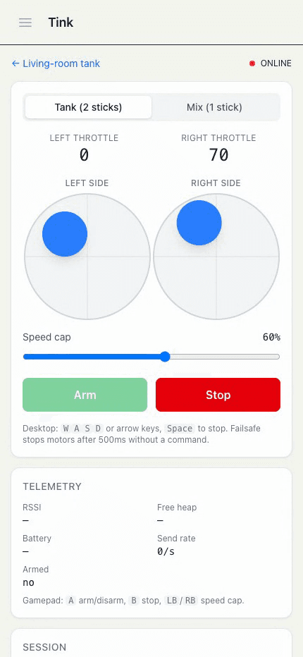 Tinkr drive page showing a phone controlling an RC car