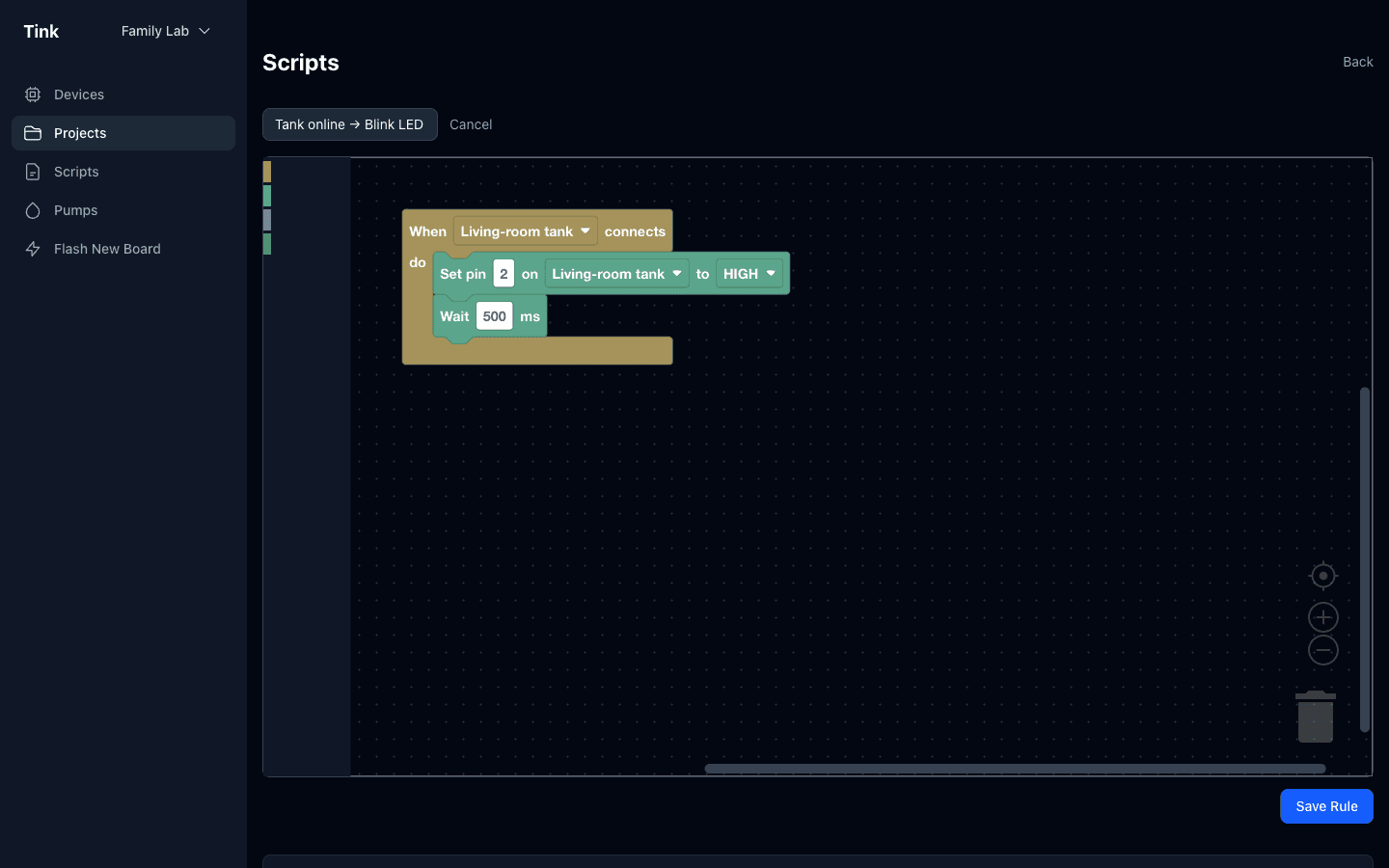 Tinkr visual logic builder showing cross-board rule configuration